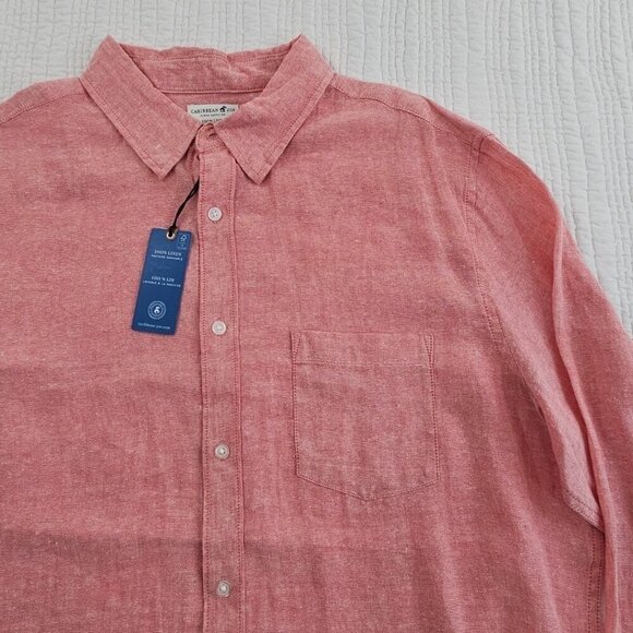NEW Caribbean Joe 100% Linen Shirt Men's XL Red Long Sleeve Machine Washable NWT - Picture 7 of 14